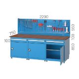 Slika MIZA DELOVNA 2200x750x1500mm, 3 PREDALI, 3 VRATA, STENA ZA ORODJE, RAL5002