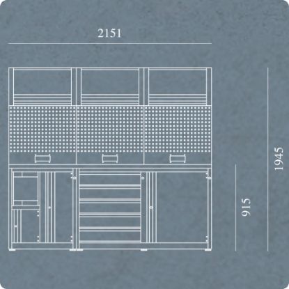 Slika SESTAV DELAVNIŠKI, Z DELOVNO POVRŠINO IN 6 MODULI, 2151x740x1945mm