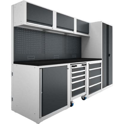 Slika SESTAV DELAVNIŠKI, Z DELOVNO POVRŠINO IN 6 MODULI TER MOBILNIM MODULOM, 2951x740x1945mm