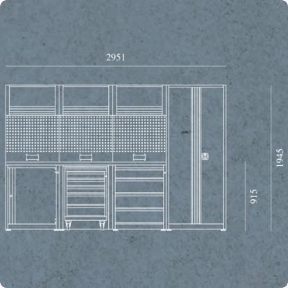 Slika SESTAV DELAVNIŠKI, Z DELOVNO POVRŠINO IN 6 MODULI TER MOBILNIM MODULOM, 2951x740x1945mm