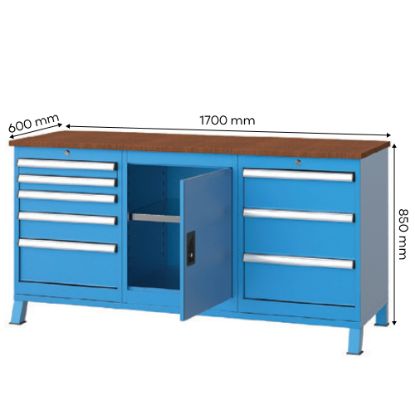 Slika MIZA DELOVNA S POLICO, 1700X850X600MM, 8 PREDALOV (2X75, 100, 125, 175, 3X200MM)