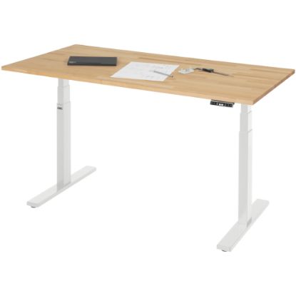 Slika Električna dvižna pisalna miza z ploščo iz bukovega lesa, svetlo siva