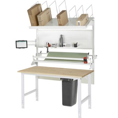Slika Pakirna miza, nadgradna polica, magazin za kartone, z roko za monitor in rezalno