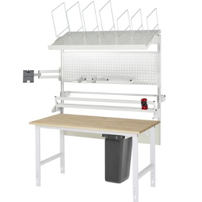 Slika Pakirna miza, nadgradna polica, magazin za kartone, z roko za monitor in rezalno